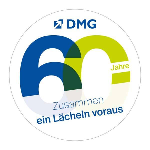 Blue and green logo for DMG's 60th anniversary. Inscription: DMG. 60 years together a smile ahead".
