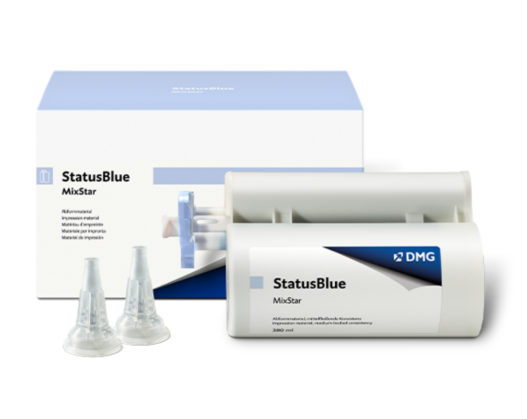 StatusBlue | Temporary fabrication and opposing jaw impression | Pourable multiple times and stable in storage Two tips, cartridge, packaging